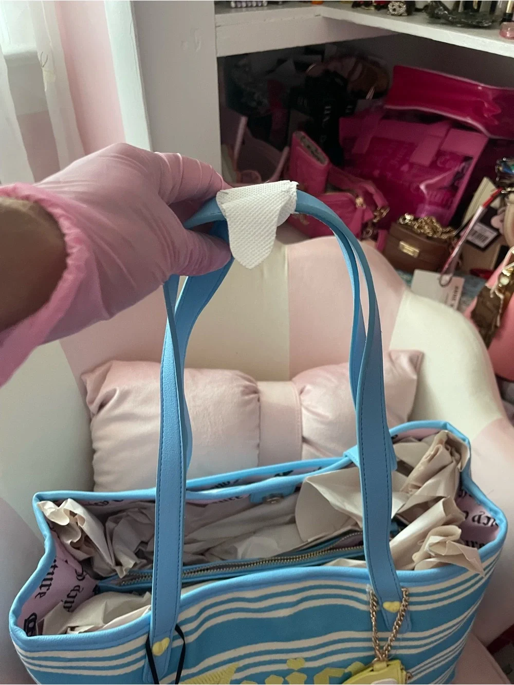 Juicy Couture Blue and Yellow Striped Tote with Yellow Coin Pouch